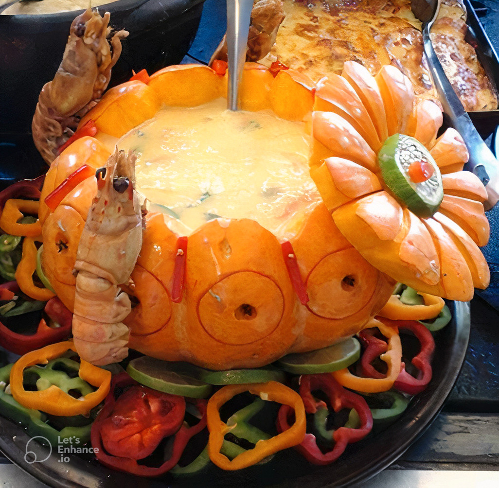 Camarão na moranga cremosa servida com pimentões coloridos no buffet