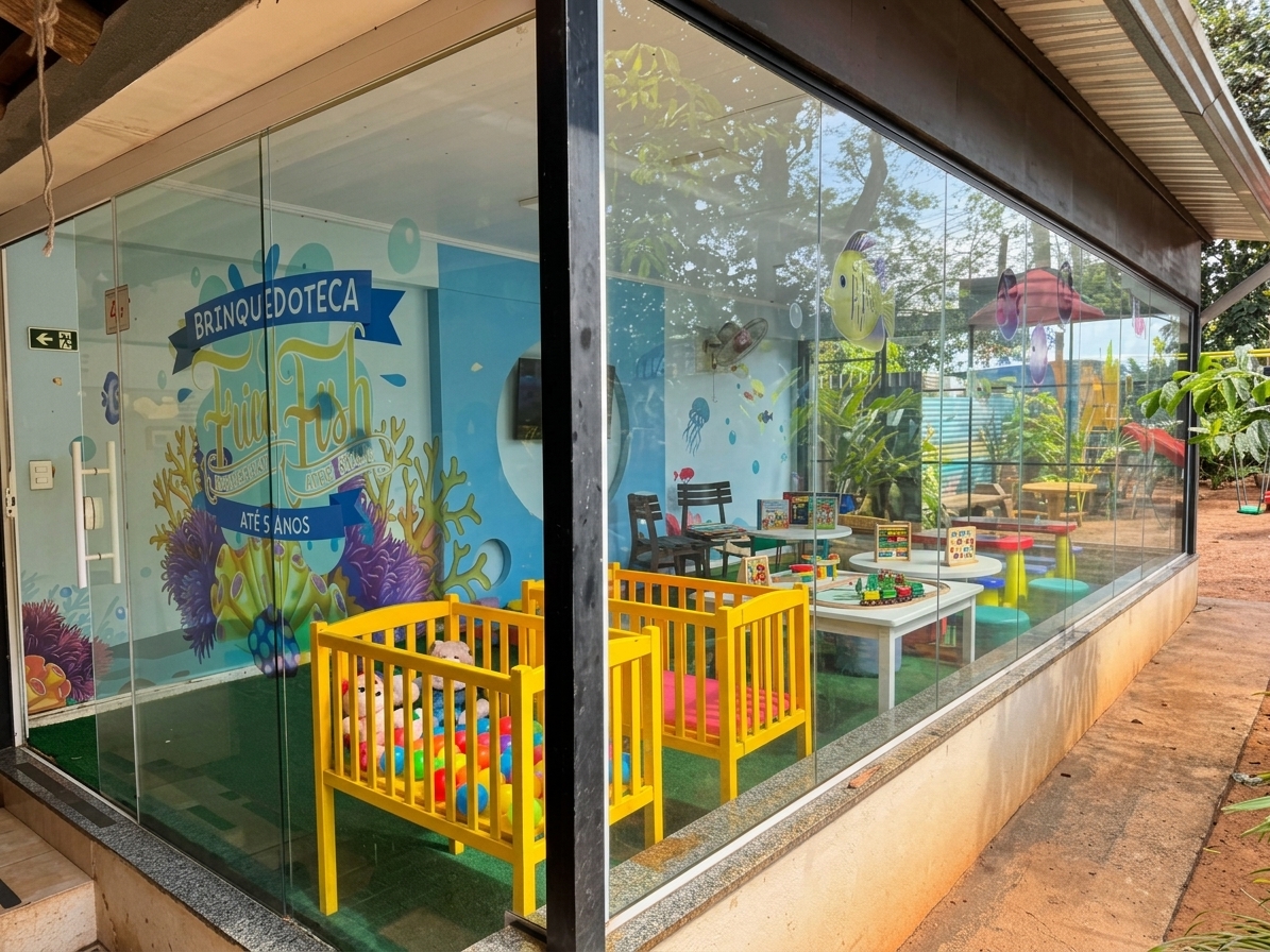 Espaço kids interno climatizado com brinquedão colorido, escorregador e piscina de bolinhas
