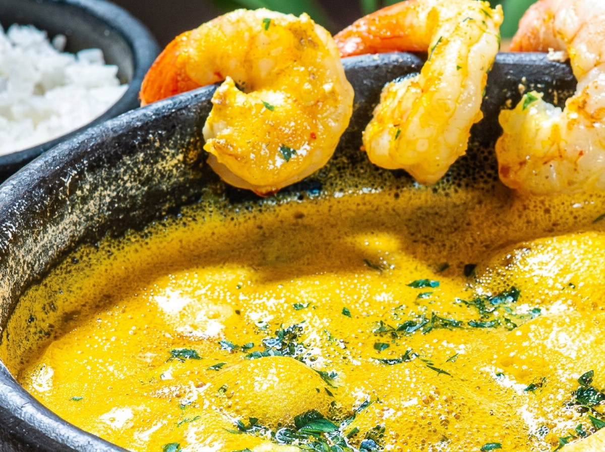 Bobó de camarão cremoso, servido com arroz e pirão