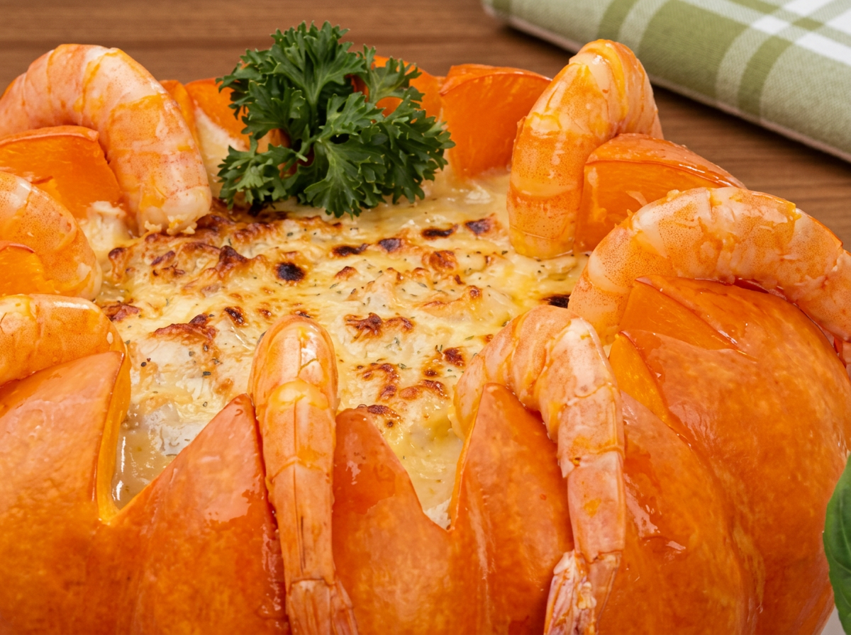 Camarão na moranga, gratinado dentro da abóbora