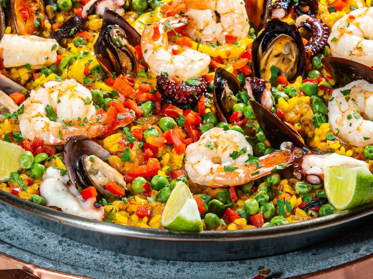 Paella à valenciana com camarão, lula, polvo e mexilhão