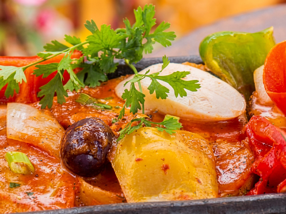Peixe na telha com pimentões, palmito e molho de camarão